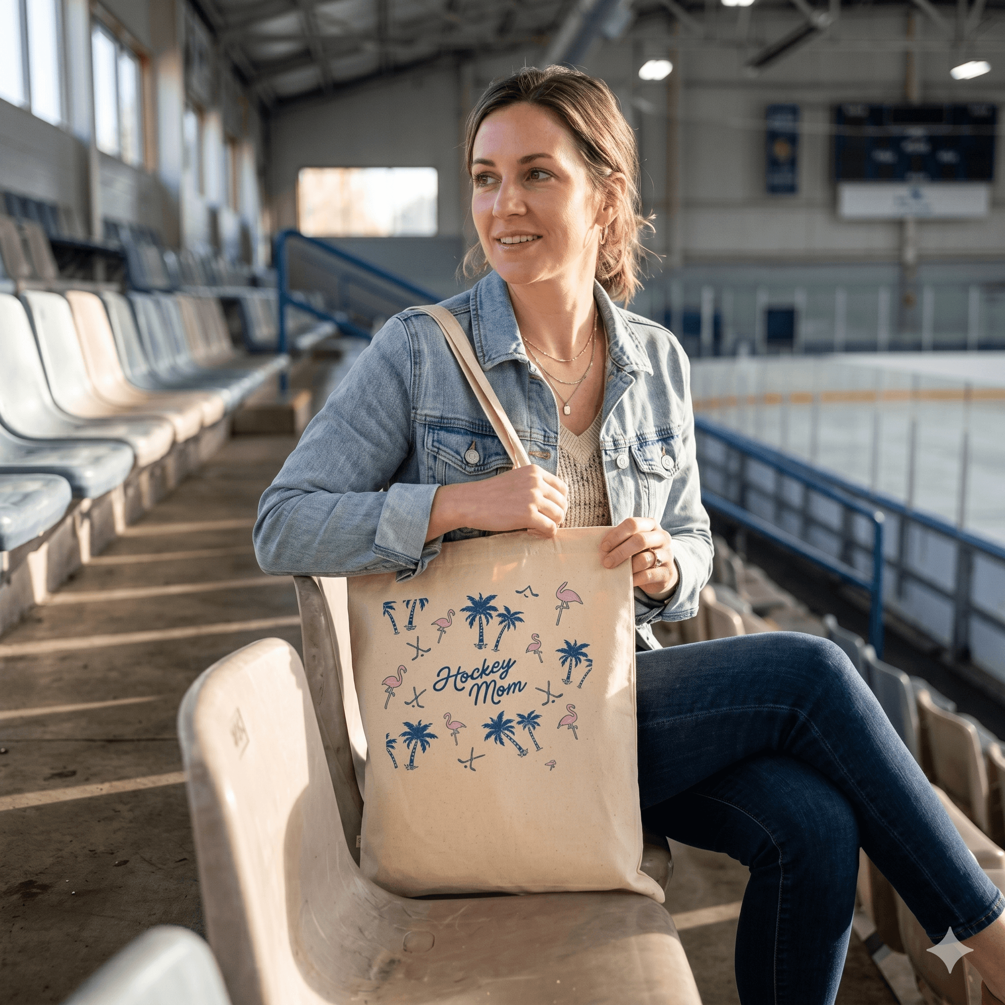 Mom in the rink with a Dirty Flamingo tote.